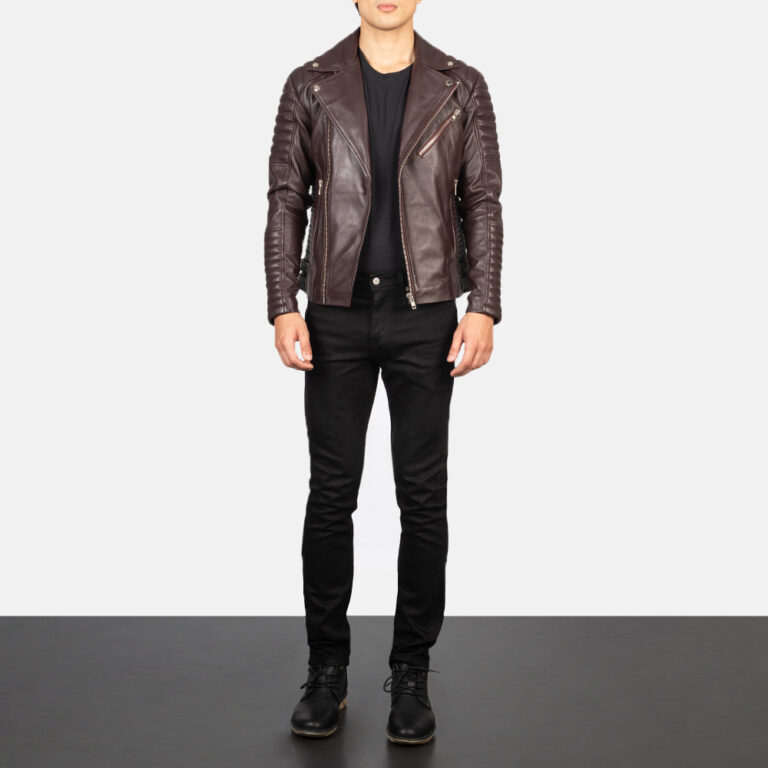 Mens Armand Maroon Leather Biker Jacket Full Length-2-1634127399983